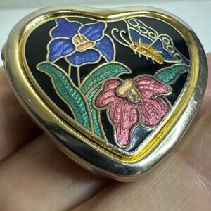 Vintage Heart Shaped Pill Box/Ring Box/Trinket Box, 1” Butterfly And Flowers